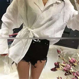 韩国代购x2正品夏装细条纹棉麻绑带超美腻蝙蝠袖衬衫女装 防晒衫