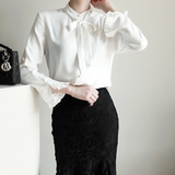 2016新款春秋女装韩版白色蝴蝶结领口雪纺衫女式长袖修身衬衫立领