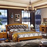 皮靠背实木床 简约中式双人床1.51.8米大床皮艺白蜡木婚床家具