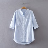 日本单 女装百搭口袋舒适透气单排扣小立领中长款七分袖棉麻衬衫