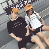 2016夏季新款韩国情侣装短袖T恤女学生宽松条纹印花半袖上衣班服