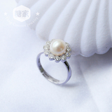包邮 正圆强光 天然珍珠开口戒指 925纯银花朵镶水钻锆石活口戒指