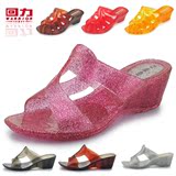 国货回力高跟女凉鞋拖鞋透明水晶坡跟鱼嘴鞋韩版闪粉塑料鞋6705
