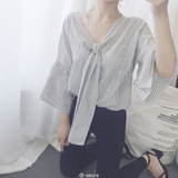 夏季韩版宽松V领条纹系带短袖衬百搭显瘦棉麻喇叭袖衬衫上衣女潮