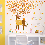 可爱卡通动物树叶梅花鹿温馨儿童客厅卧室可移除环保墙贴装束背景