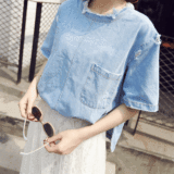 2016夏装新款女装韩版宽松个性破洞牛仔t恤女短袖上衣潮薄款衣服