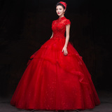 婚纱礼服2016新款新娘红色结婚一字肩显瘦齐地包肩春夏季修身大码