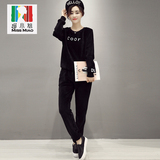 2016春季韩版百搭修身丝绒面印花套头卫衣休闲运动服两件套装女黑