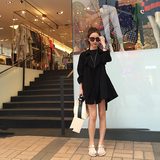 2016春秋韩版女装风衣 中长款收腰系带宽松显瘦裙摆黑色外套上衣
