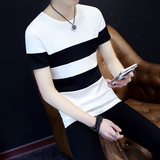 男士短袖T恤韩版圆领夏季休闲上衣服青少年条纹半袖潮男黑白小衫