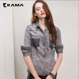 卡玛KAMA 春季新款女装 美式街头时尚水洗牛仔衬衫军旅风7315853