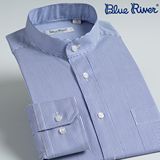 蓝河夏季新款男士纯棉立领衬衫男长袖中年条纹圆领常规衬衣爸爸装
