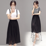 女装夏季2016新款韩版针织背带连衣裙两件套吊带雪纺长裙套装裙子