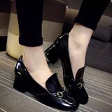 链条黑色高跟鞋2016春季欧美粗跟单鞋漆皮方头浅口韩版时尚女鞋