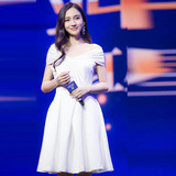 2016夏季新款精品Angelababy杨颖明星同款甜美修身白色V领连衣裙