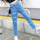 2016夏季新款韩版蓝色牛仔裤破洞宽松九分裤毛边直筒裤女装潮M149