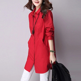 【天天特价】新款女装纯棉衬衫女长袖修身红色衬衣中长款百搭上衣