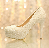 蕾丝婚鞋珍珠鞋新娘鞋拍照鞋公主白色花朵单鞋新款超高跟防水台鞋