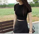 韩版夏季修身纯色纯棉露脐弹力T恤 女短款短袖小高领紧身打底衫