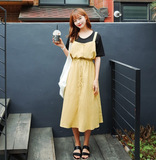 韩国cherrykoko夏季新款腰部抽带单排扣连衣裙韩版蝴蝶结吊带长裙