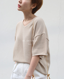 韩国代购女装 2016春装新款 设计师宽松纯色简约V领套头针织衫
