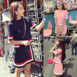 2016夏季新款韩版小香风气质条纹短袖上衣+不规则短裙针织套装女