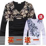 秋季日系中国风男士长袖T恤韩版大码印花V领体恤打底衫潮男装上衣