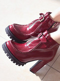 韩国女鞋代购2013秋季时尚酒红色粗跟鞋防水台高跟鞋骑士靴短靴