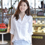 2016夏季韩版衬衫女长袖镂空绣花时尚宽松中长款打底白色衬衫女