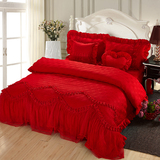 全棉夹棉床裙四件套加厚纯棉绗缝床单床罩被套结婚庆大红床上用品