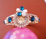 新款民族风 景泰蓝手镯手环饰品表 合金开口 高档猫眼石花朵手表