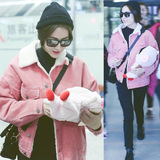 杨幂迪丽热巴同款韩版加绒粉色灯芯绒羊羔毛棉服短外套