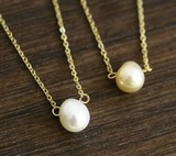 日本代购 超美7mm天然金色白色珍珠单颗吊坠项链女士锁骨链 特价