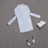 欧洲站2016春季新款女装钉珠立领修身显瘦上衣长袖白色打底衬衫女