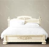 美式乡村实木雕花婚床双人床原木橡木做旧象牙白1.5米1.8米双人床