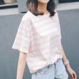 条纹短袖t恤女夏季新款韩版休闲宽松清新粉色纯棉打底衫上衣