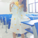 夏季女装韩版学院风海军领宽松休闲中长款短袖衬衫连衣裙学生中裙