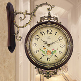 欧式双面挂钟 客厅静音 豪华钟表简约时尚创意时钟 实木圆形钟表