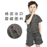 迷你王定制 男童短袖套装2016夏季个性磨破儿童短袖韩版运动套装
