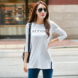 长袖t恤女装秋季韩版圆领白色修身简约字母中长款上衣纯棉体恤衫