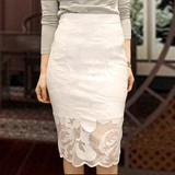 白色蕾丝包臀裙半身裙中长款女2016夏季韩版高腰亮片一步包裙开叉