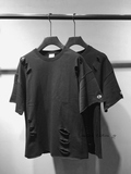 日本设计师宽松廓形落肩设计圆领T恤做旧破洞毛圈棉布五分袖T恤男
