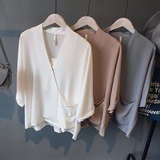 2016夏季新款 韩国东大门女装不对称V领纯色简约雪纺衫衬衫防晒衫