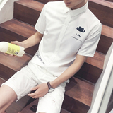 夏季青年白色印花短袖衬衫男修身型韩版青少年男子学生英伦寸衫潮