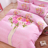 粉色全棉四件套斜纹加厚纯棉床上用品大版浪漫玫瑰花床单被套包邮