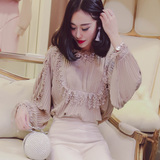 2016春季新品韩版女装宽松套头灯笼袖百褶蕾丝拼接雪纺衫百搭上衣
