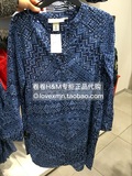 专柜正品代购H&M HM 新款女装蓝印花棉布V领长袖长款衬衫