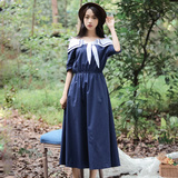 2016夏季学生新款韩版海军风一字肩松紧收腰显瘦气质长款连衣裙
