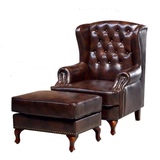 美式欧式复古皮艺实木单人椅老虎椅法式loft工业风办公真皮沙发椅