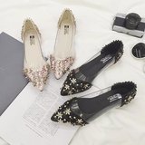 韩版女鞋子春秋 性感绸pu透明材质拼接小碎花尖头浅口平底单鞋